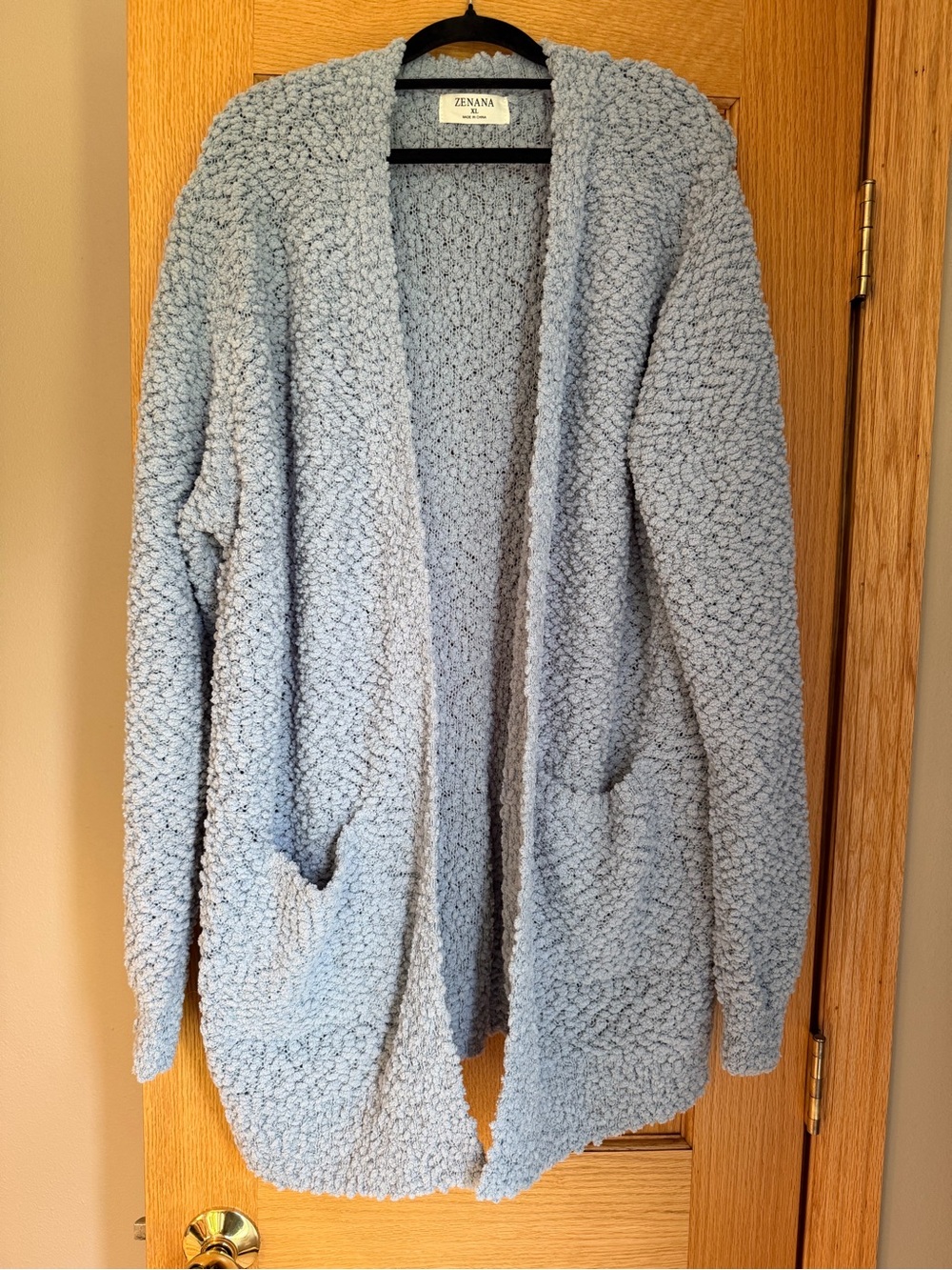 Zenana Popcorn Knit Cardigan Sweater Blue Women’s XL Open Front Pocket Stretch